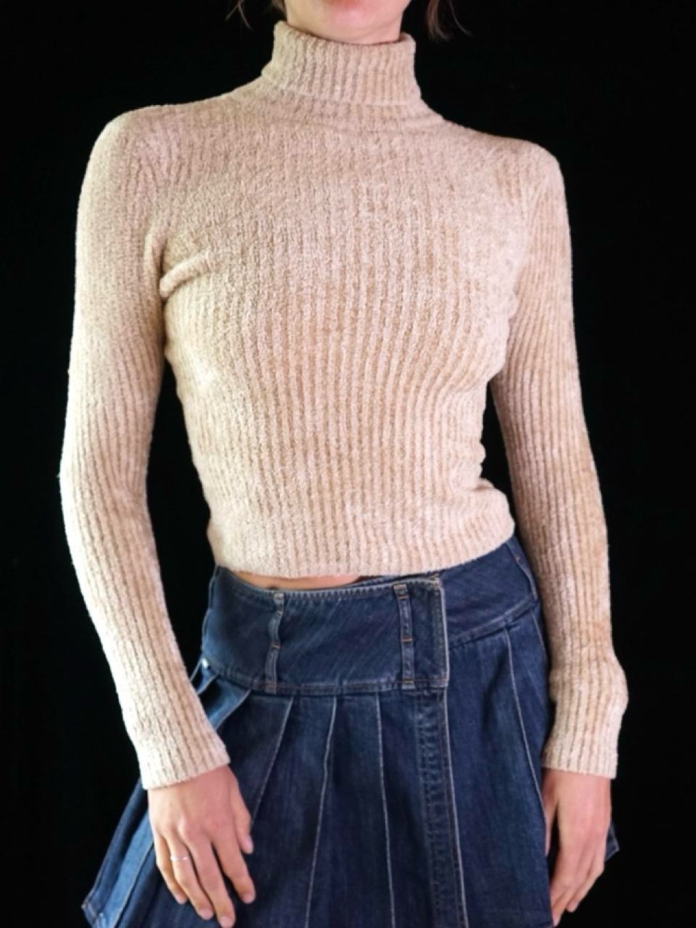 Beige Ribbed Turtleneck Sweater - Women
